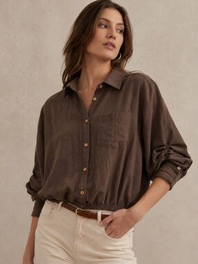 Democracy Cropped Bubble Hem Shirt Brown Textured Jacket Top M